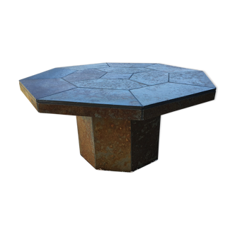 Octagonal slate brutalist coffee table from the 1970s