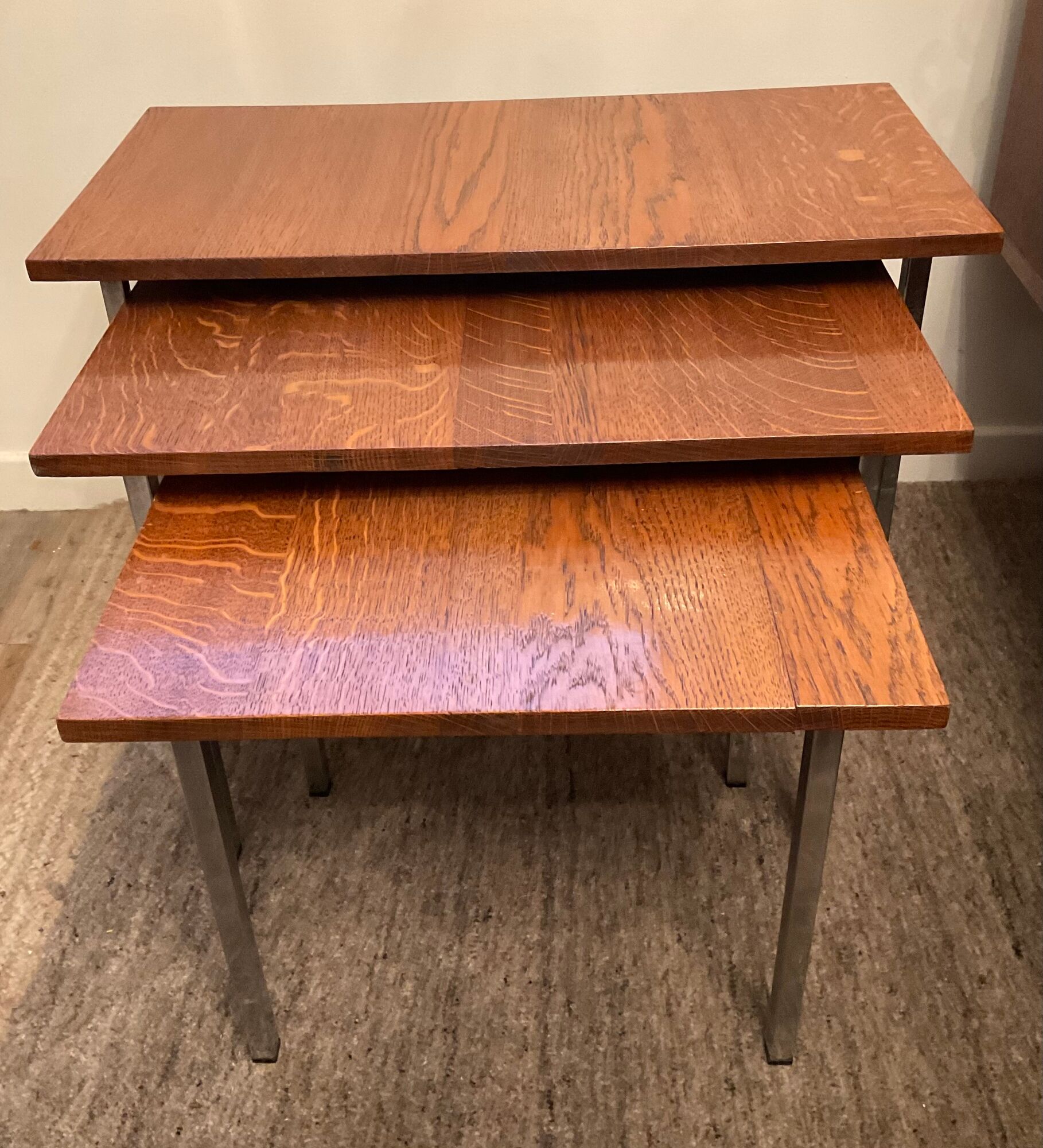 Series of 3 nesting tables from the 70s in wood and chromed metal