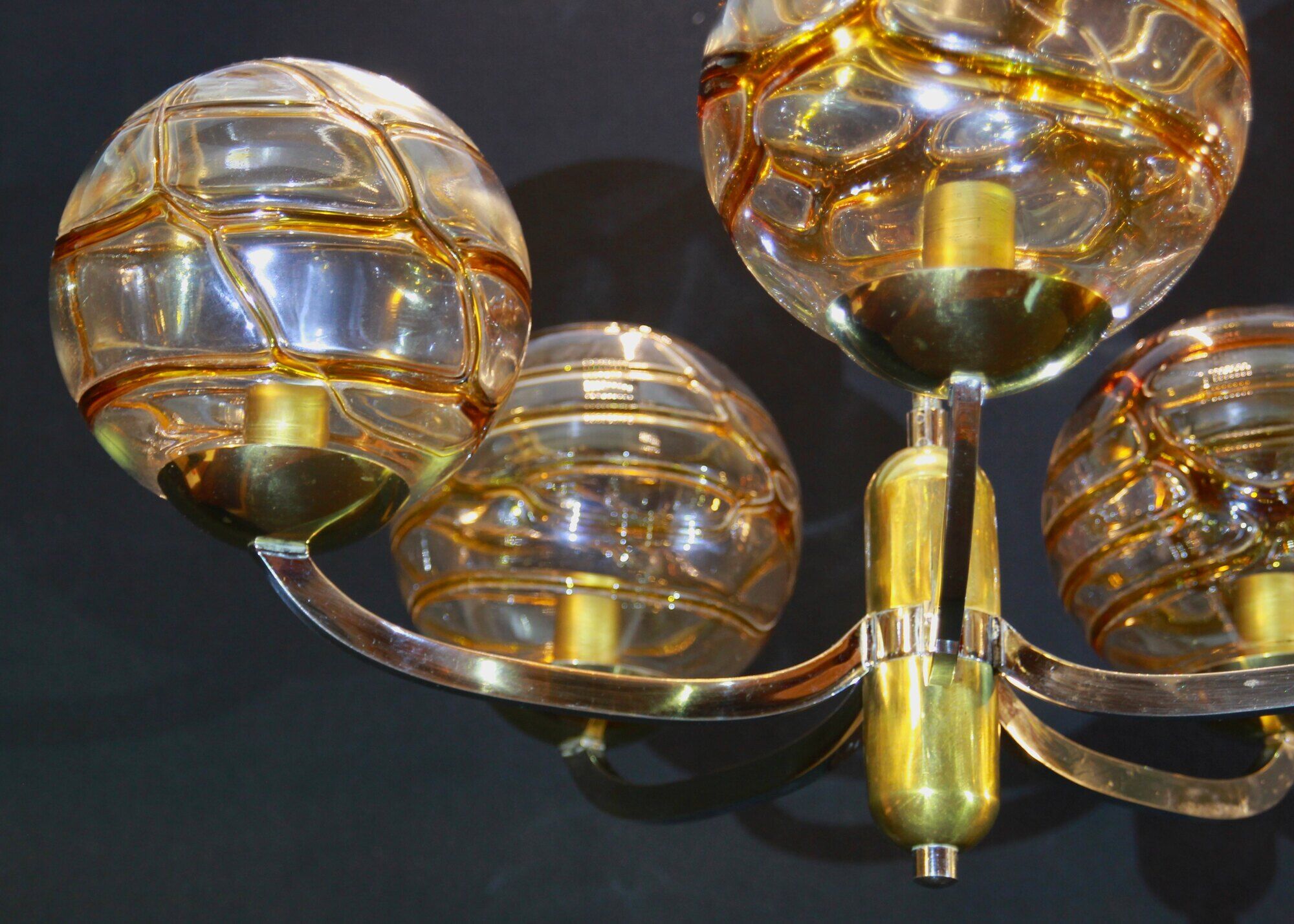 Mid 20th Century Amber Murano Glass Globe Textured,Chrome and Brass Chandelier, by Doria