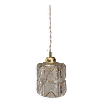 Vintage globe pendant light in thick, chiseled and frosted glass