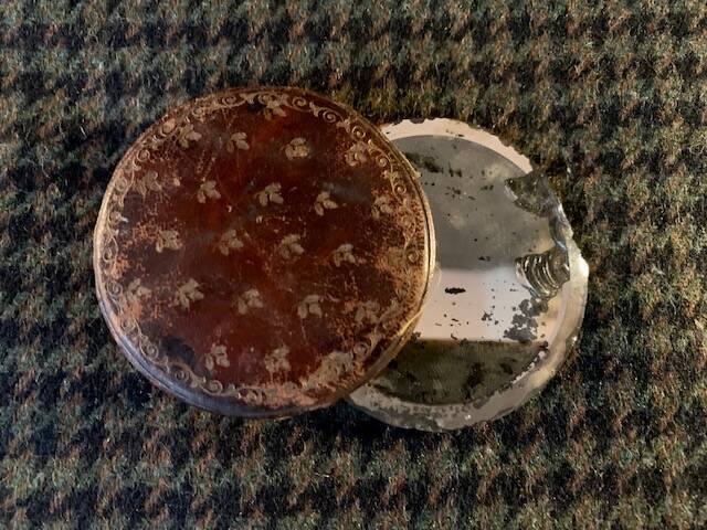 Very old round pocket mirror and leather case, 18th century