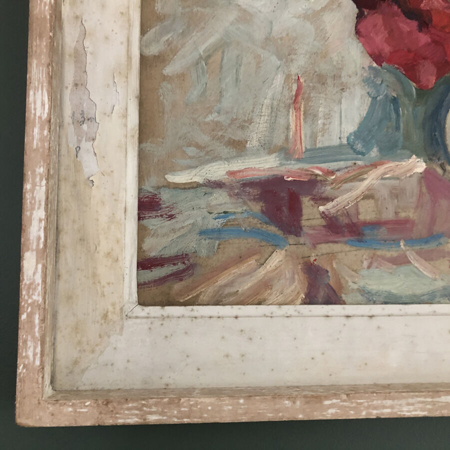 Table oil, still life, curly tulips