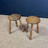Pair of solid wood tripod stools with turned legs, 60s France