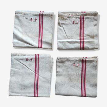 Lot 4 old métis tea towels with lintels (stripes) red linen / cotton monogrammed BP napkins