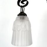 Wrought iron chandelier, tulips / pressed-molded glass bowl, Art Deco, 1930