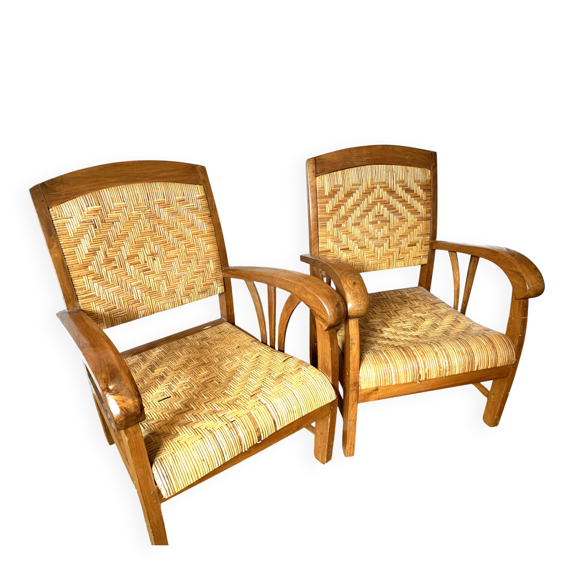 Two contemporary teak and rattan armchairs