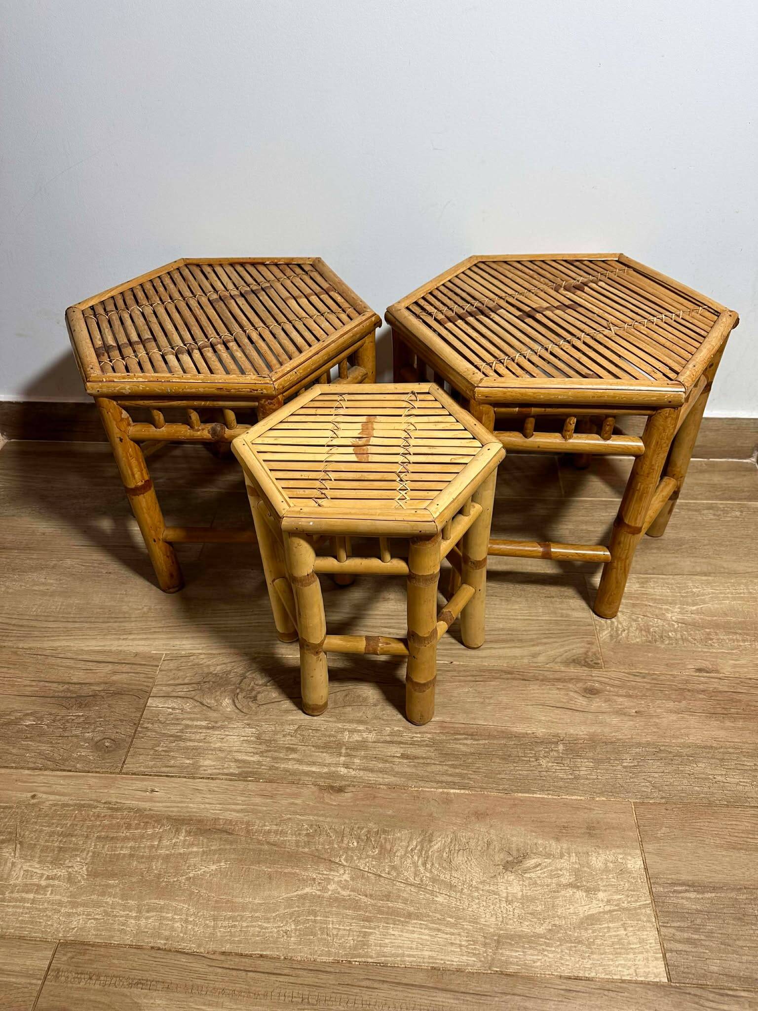 Vintage Boho Mid Century Bamboo Hexagonal Side Coffee Tables Flower Stools