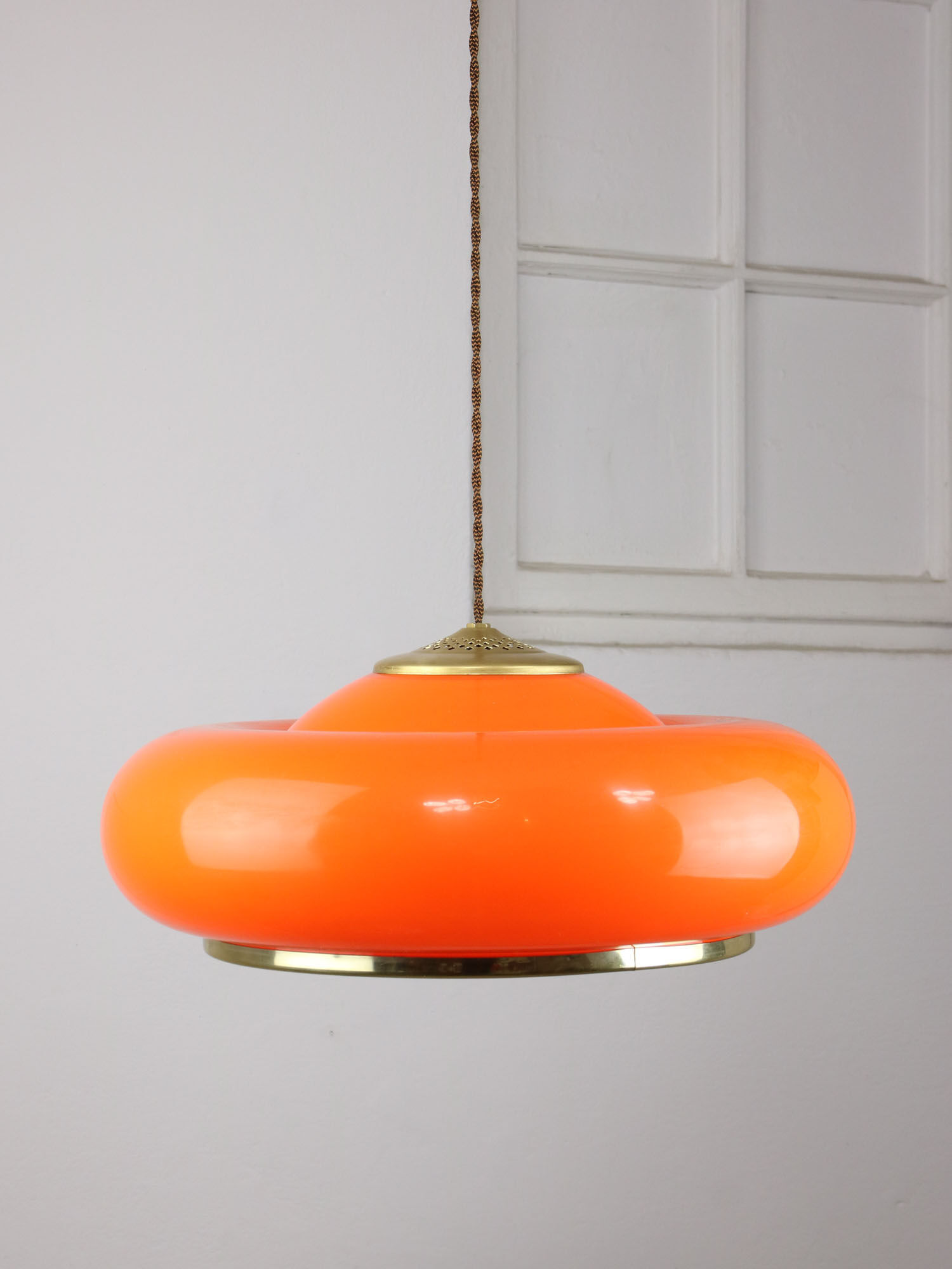 Space-age orange brass and plexiglass pendant lamp 70s
