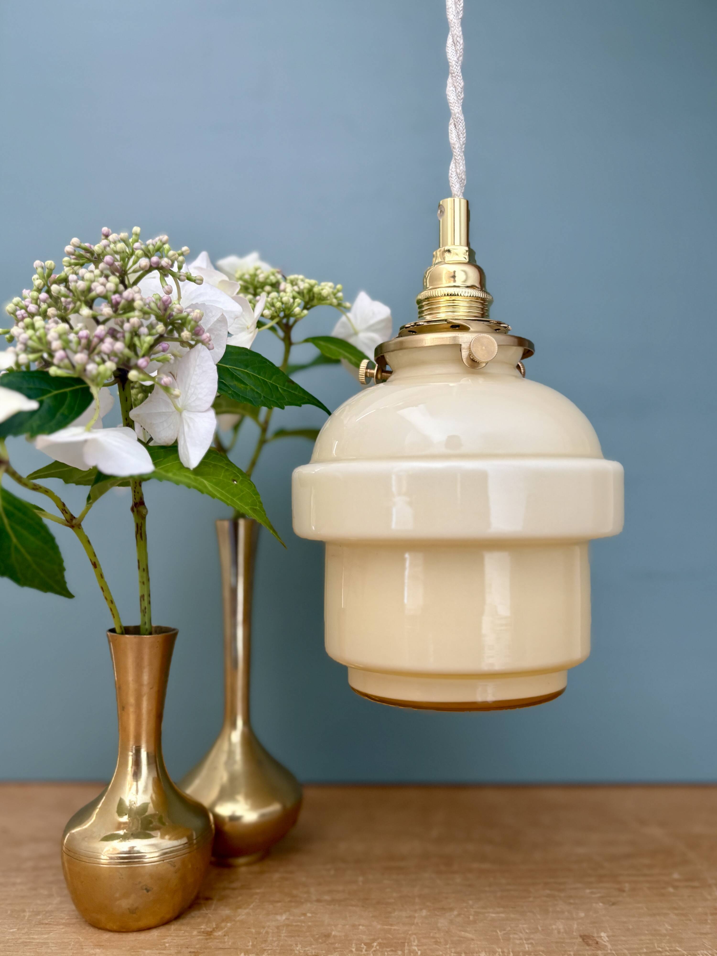 Vintage globe pendant light in pale yellow opaline glass