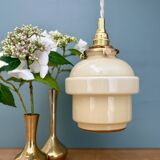 Vintage globe pendant light in pale yellow opaline glass