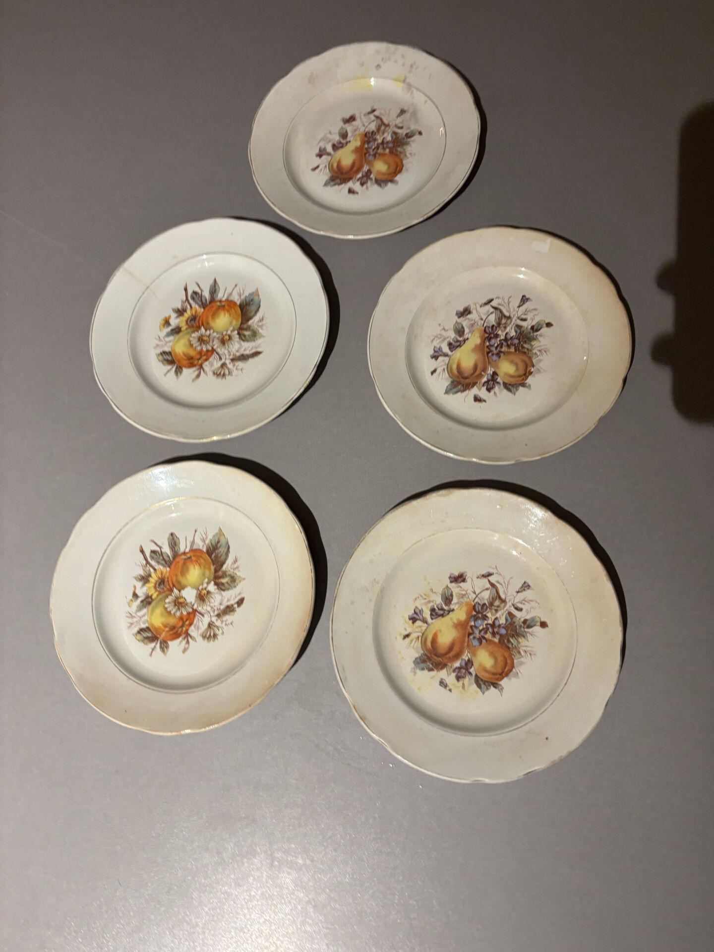 Set of 5 antique earthenware plates – vintage fruit & flower design