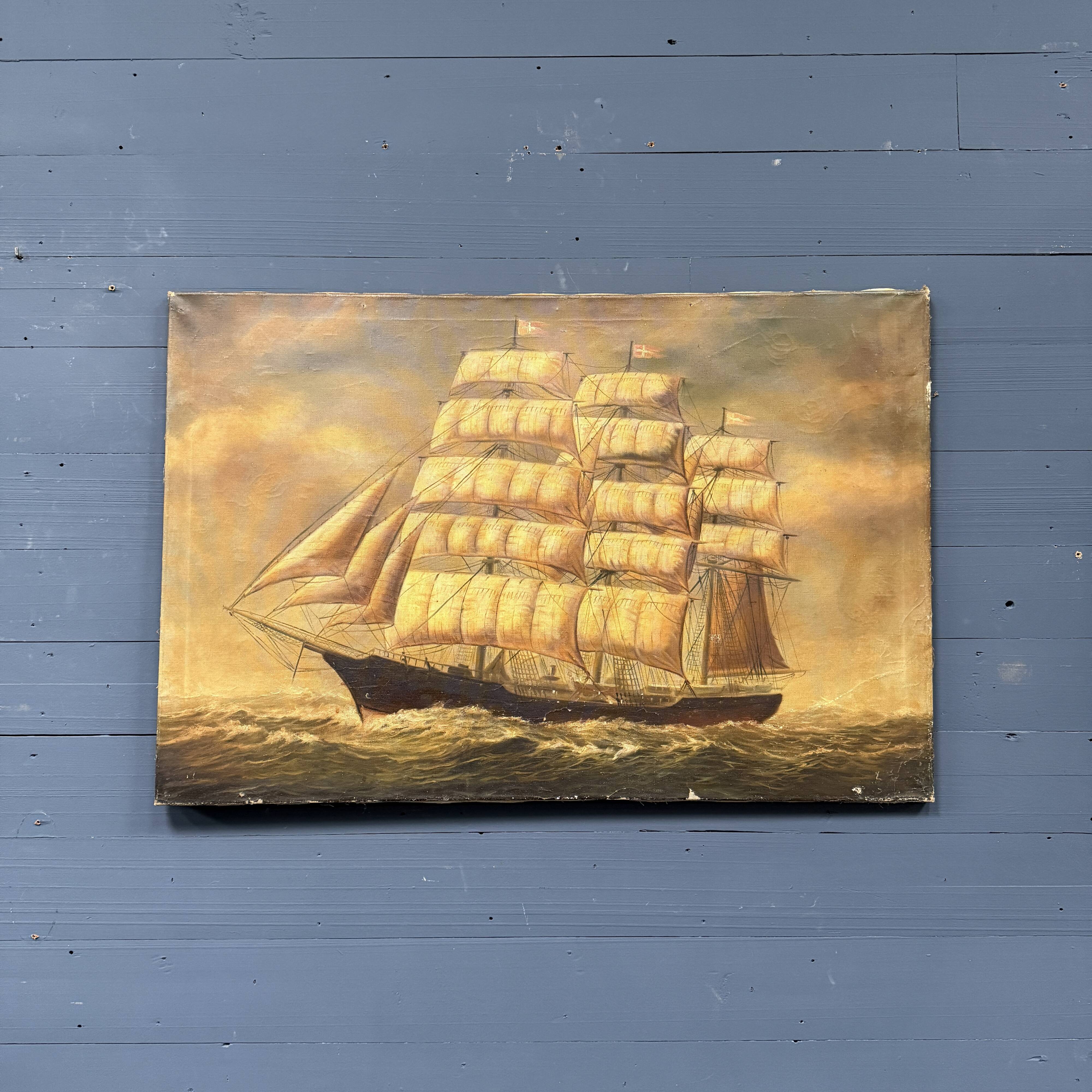 Large old oil painting of a ship