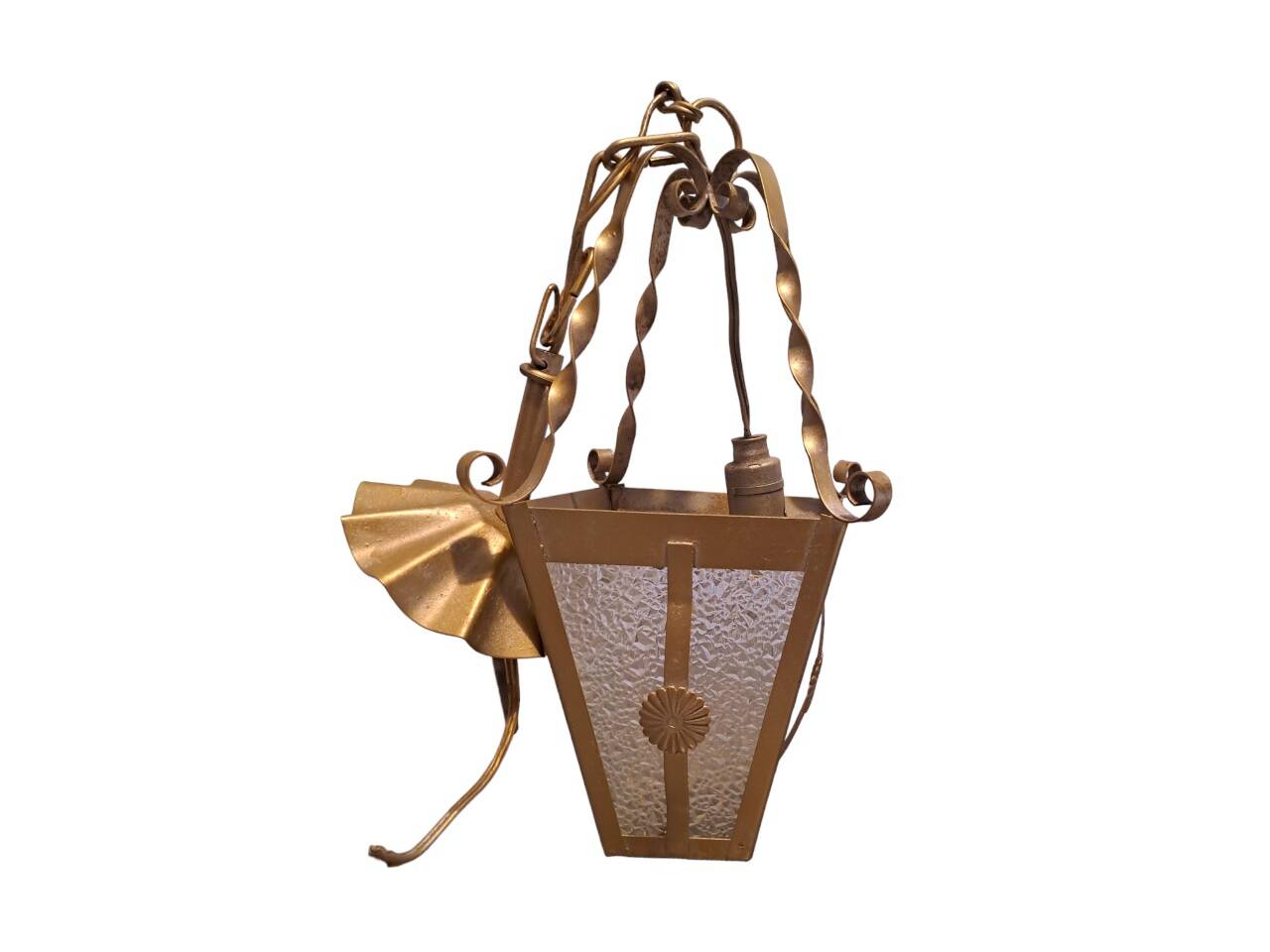 Interior pendant light Lantern ceiling light in gold metal and grained glass 1950 France