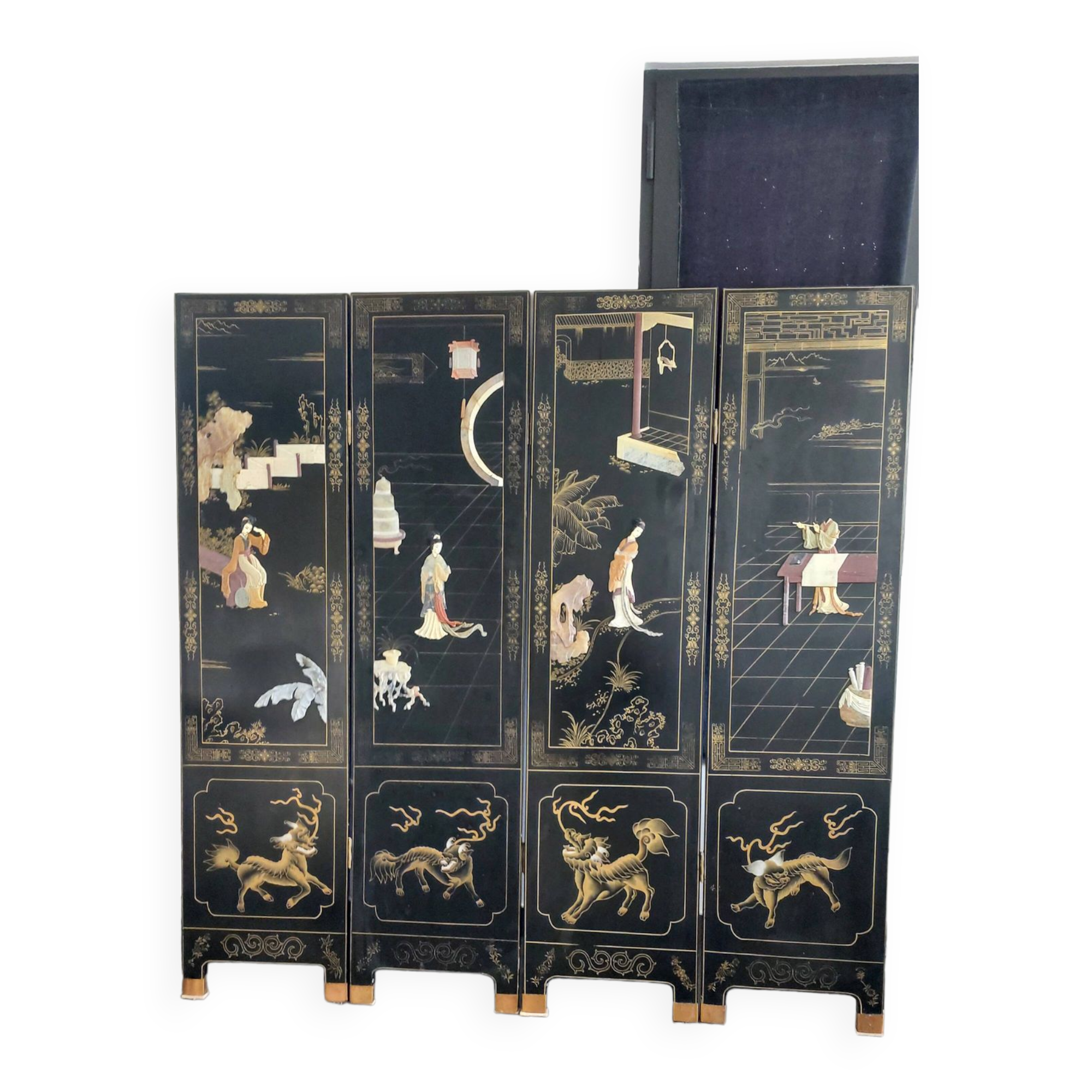 Chinese screen in black lacquer and marble stone