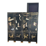 Chinese screen in black lacquer and marble stone