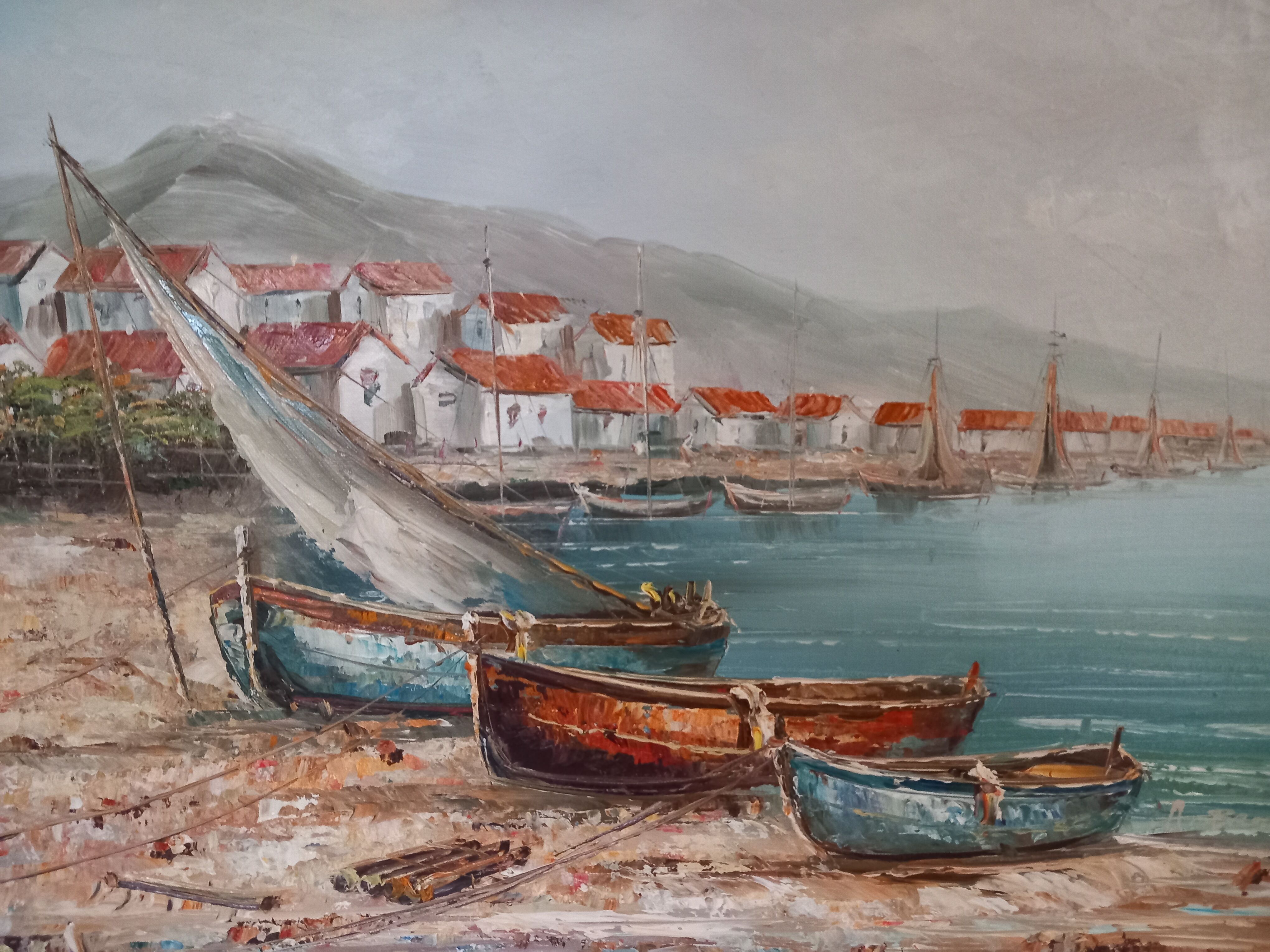 Oil on canvas signed-boats on the beach