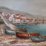 Oil on canvas signed-boats on the beach