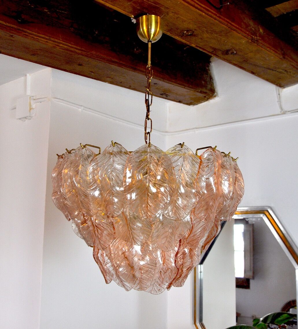 Chandelier "Leaves" murano mazzega, pink glass, italy, 1960