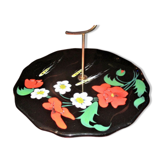 Presentation dish, enamels of Longwy poppy black background -1960