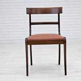 1970s, reupholstered set of 6 pcs Danish dining chairs, teak wood, camel brown leather.