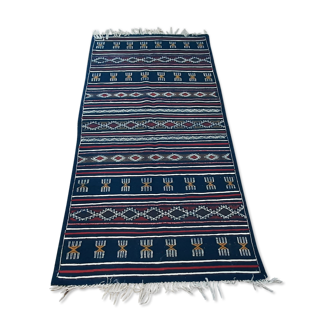 Blue Moroccan kilim carpet, handmade Berber wool carpet 100x200cm