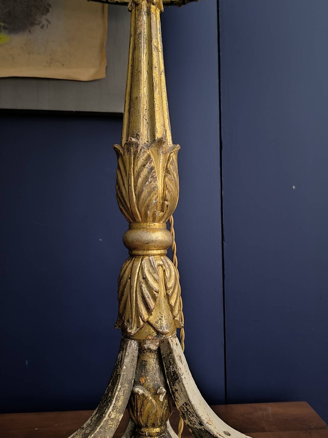 Pair of gilded wooden candlesticks. 19th century.