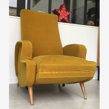 Mustard-coloured reclining velvet chair - Italian design -1960