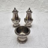 Silver-plated salt and pepper shakers and egg cups
