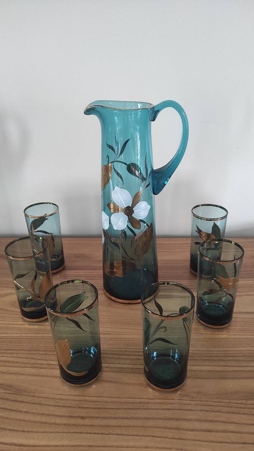 Orangeade service in blue and gold enameled glass