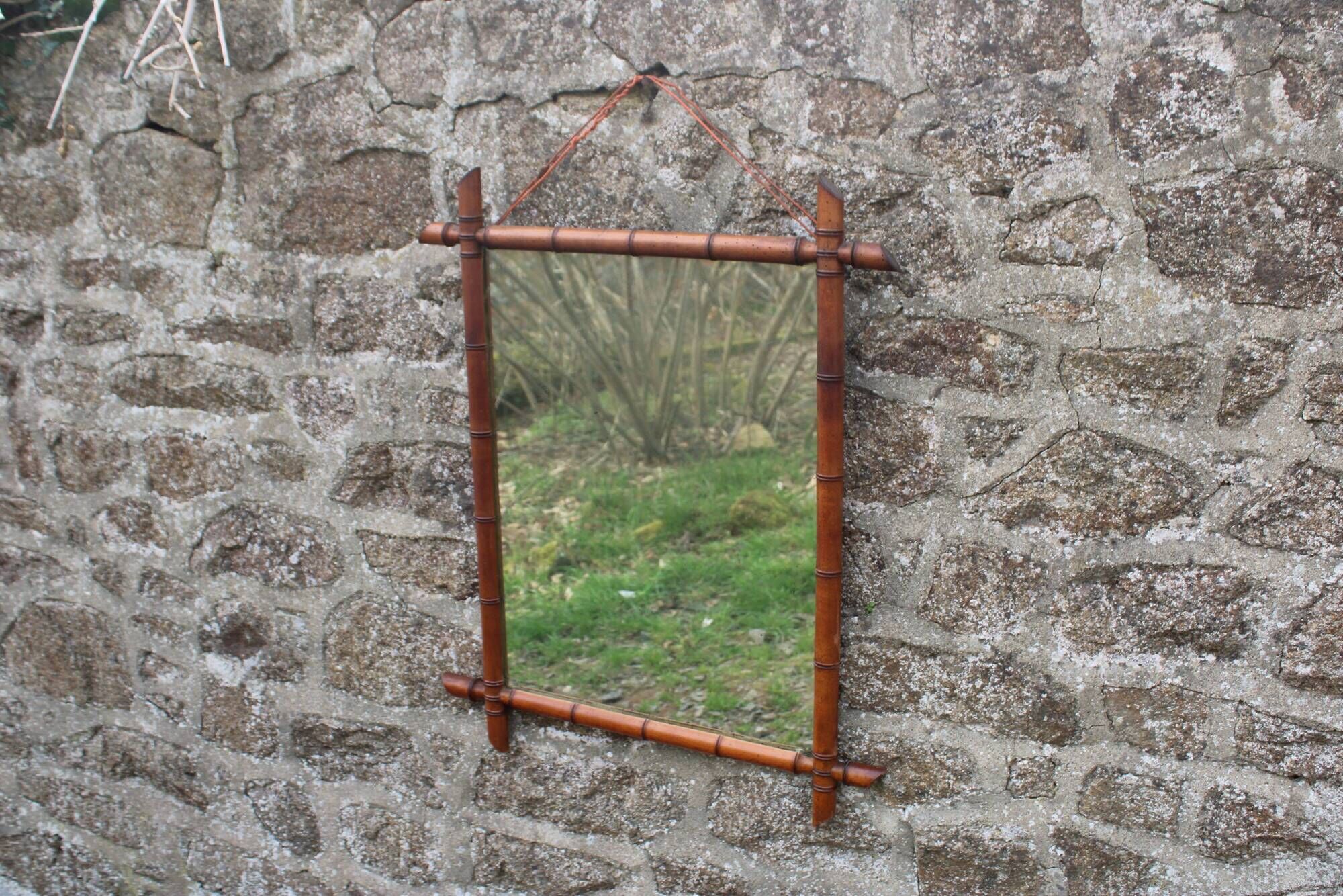 Vintage wooden turned mirror in bamboo style – 1950s/60s