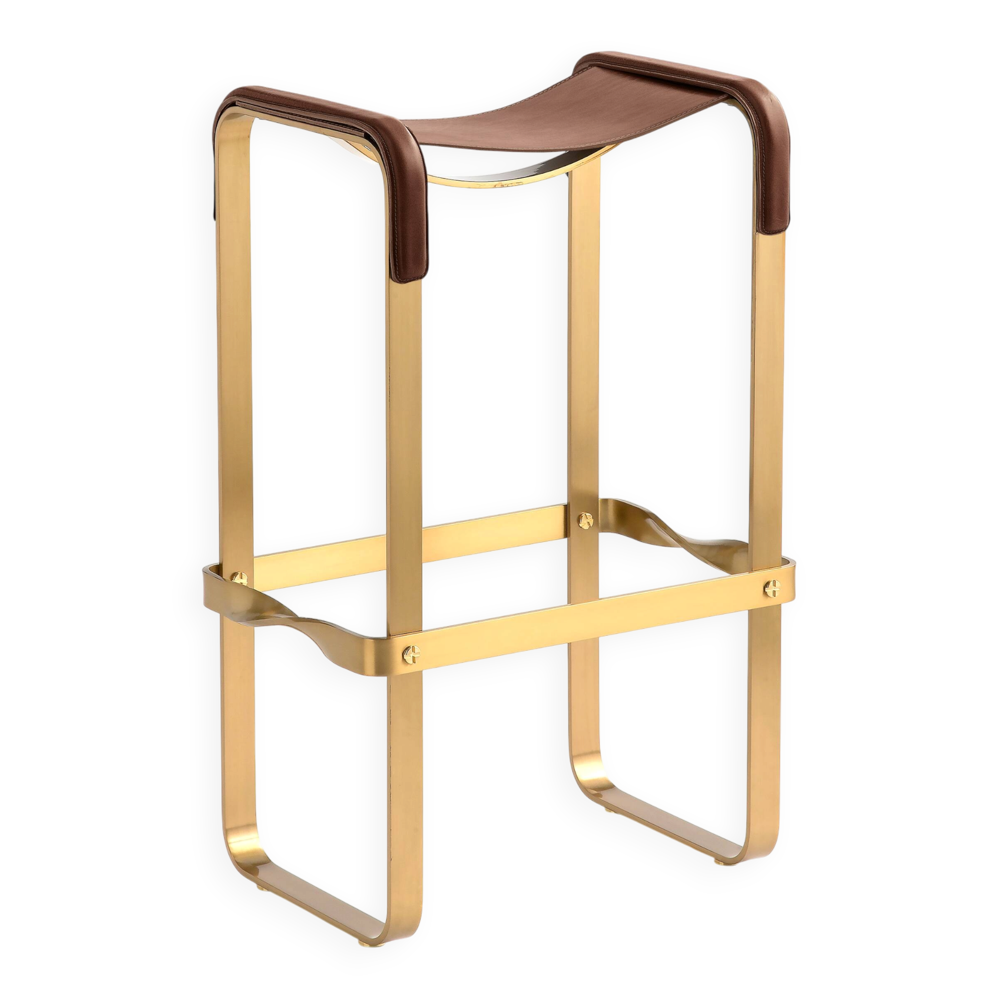Bar stool in aged brass and brown leather.