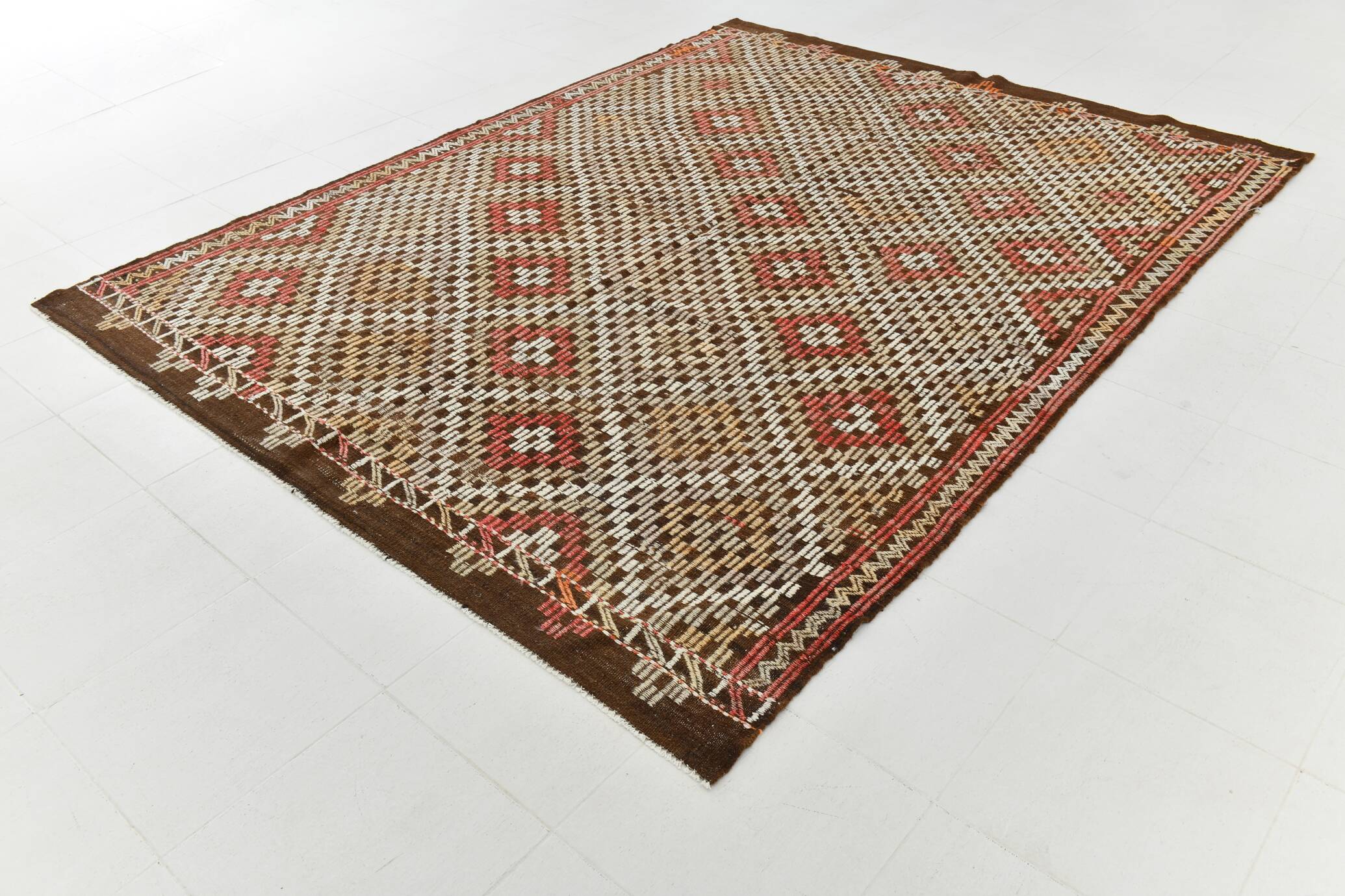 Green & Red Details Vintage Kilim Rug, Oushak Area Rug, 233x300Cm