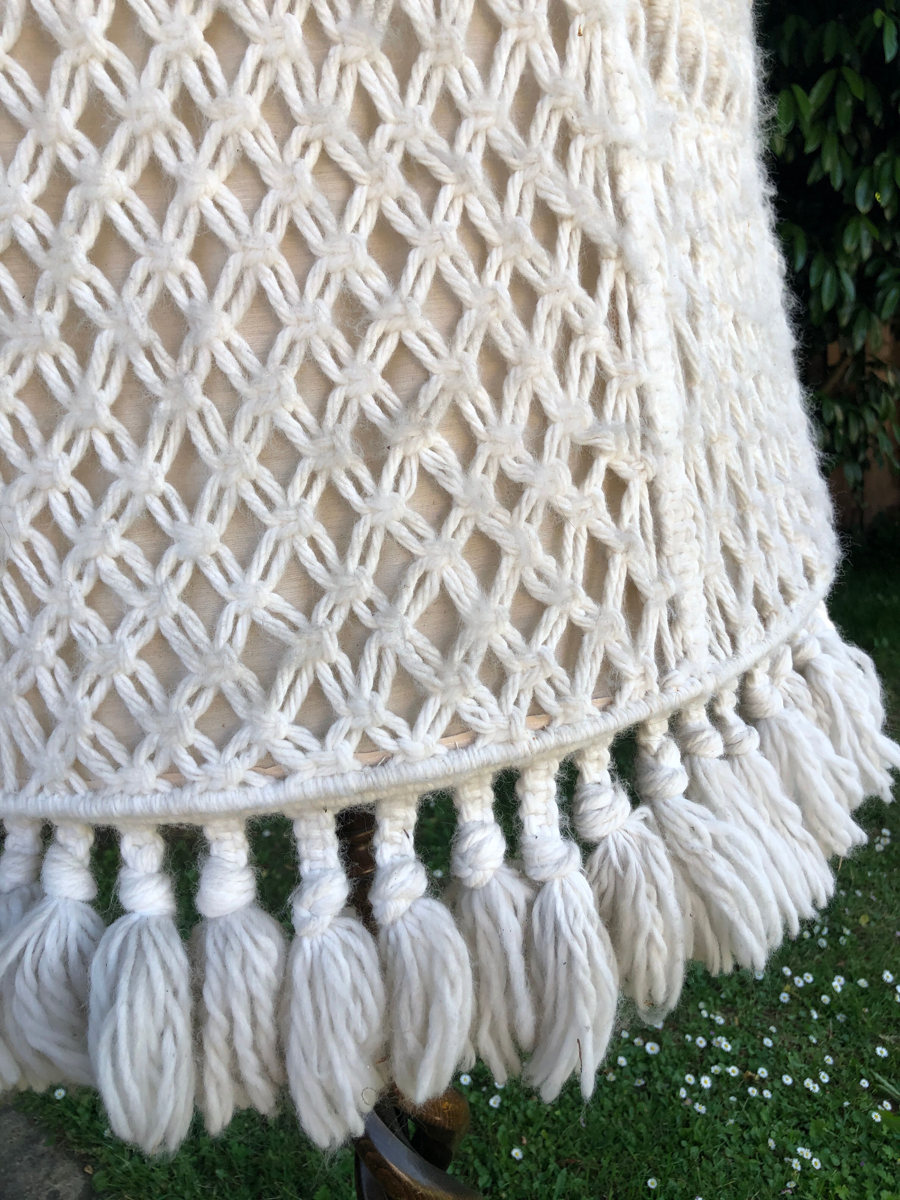 Dark turned wooden floor lamp and wool lampshade