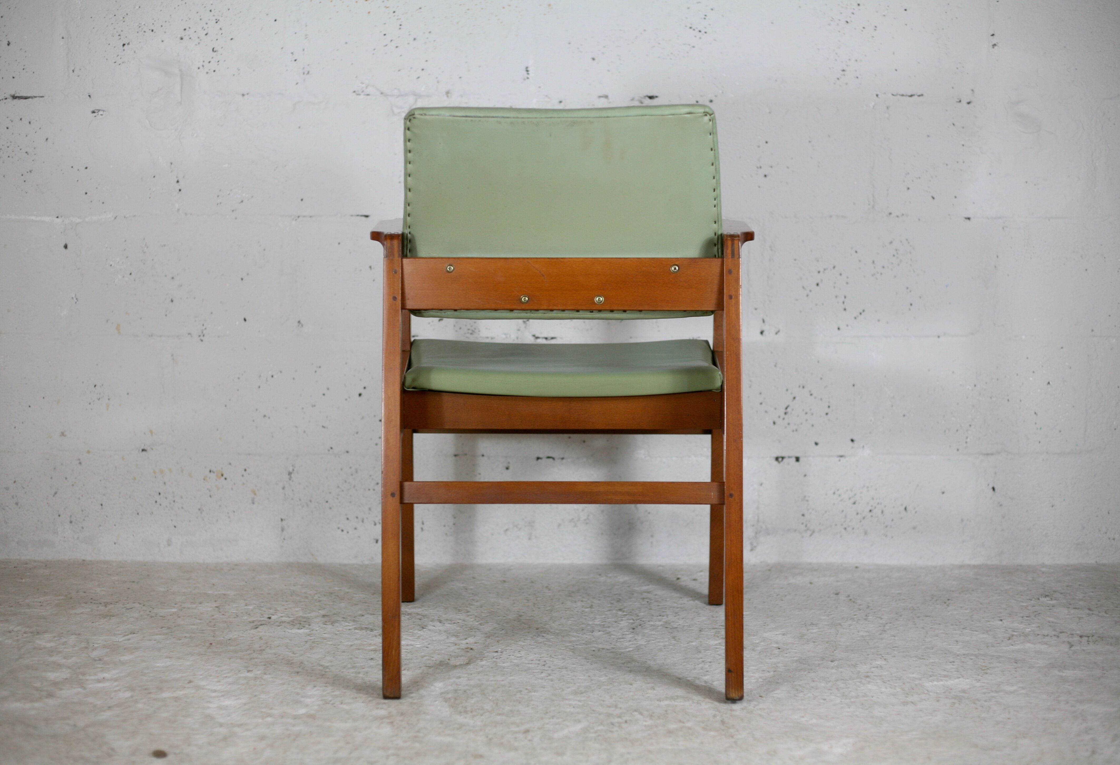Scandinavian armchair, wood and imitation leather, circa 1975