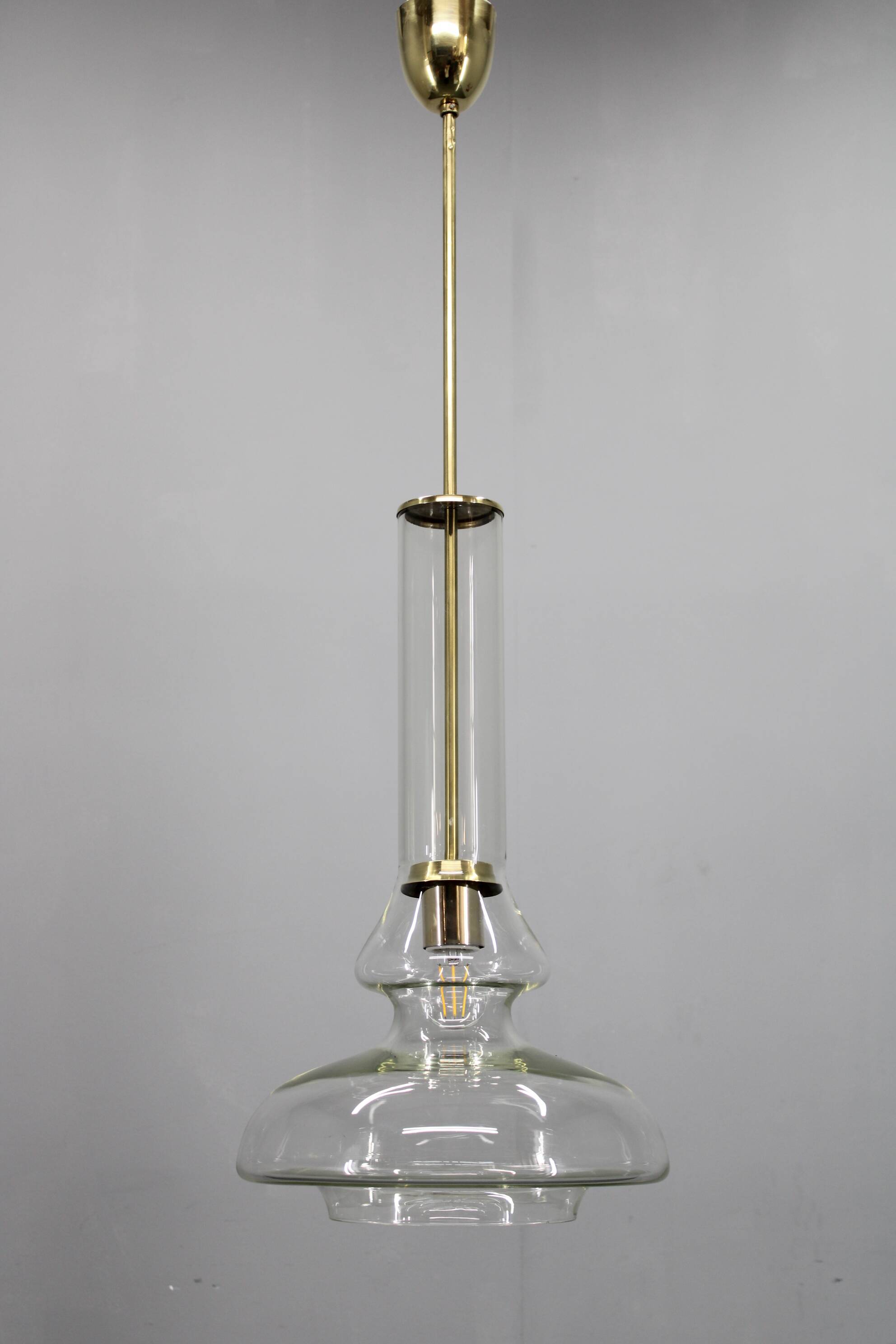 Mid-century Czech glass pendant light brass finish 1970s modern rewired