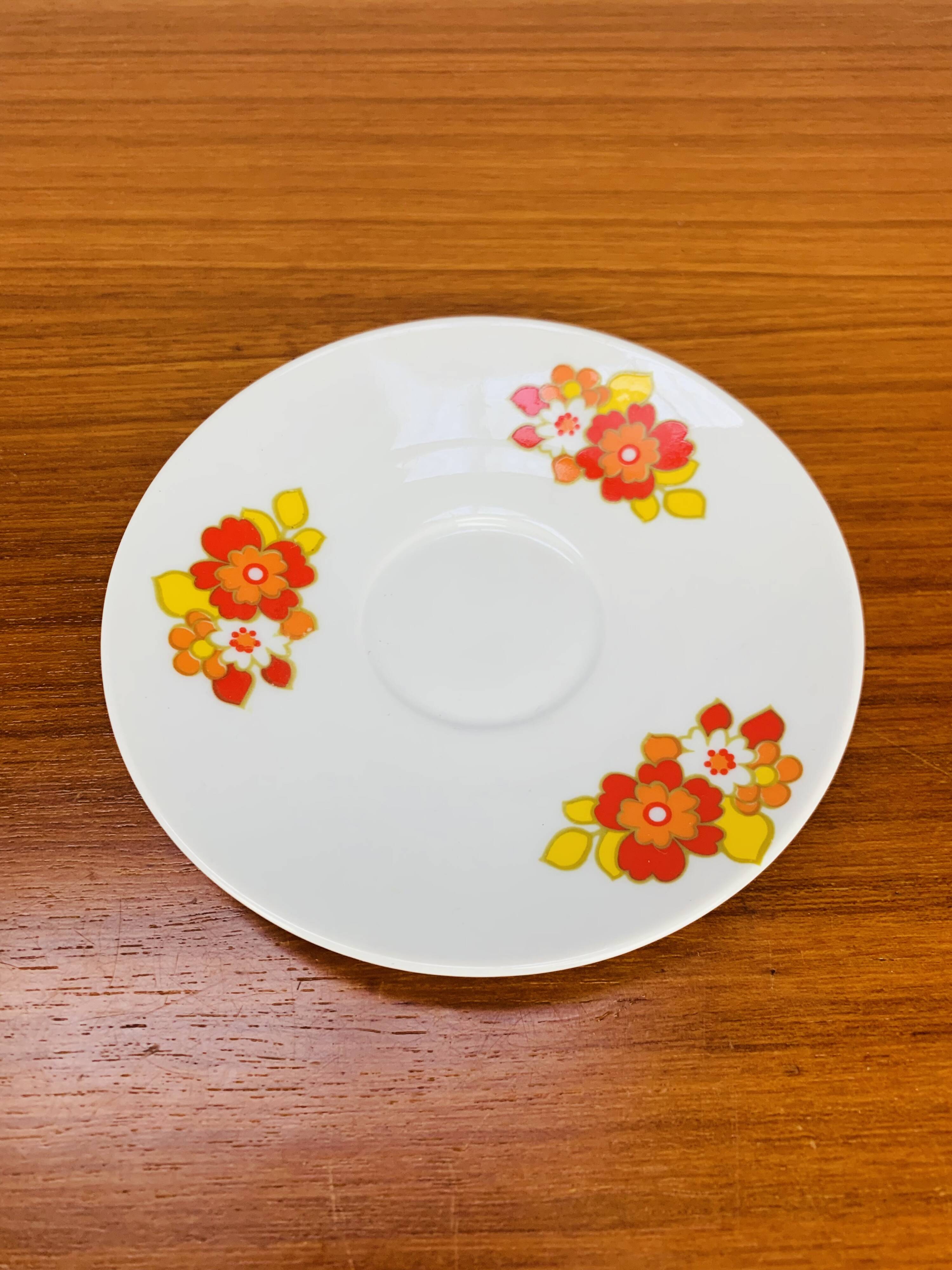 Tea and dessert set of 6 cups, German porcelain, flowers, 70s