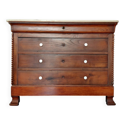 Commode Louis-Philippe XIX en noyer, colonnes torsadées et marbre