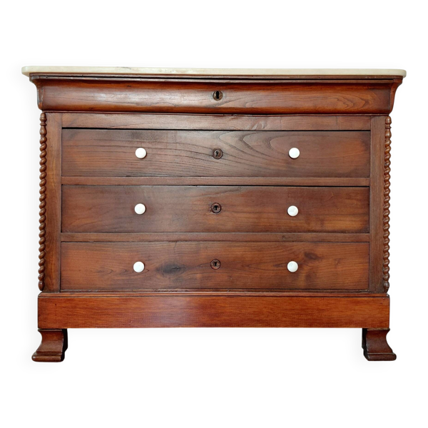 Commode Louis-Philippe XIX en noyer, colonnes torsadées et marbre