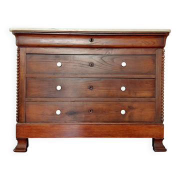 Commode Louis-Philippe XIX en noyer, colonnes torsadées et marbre