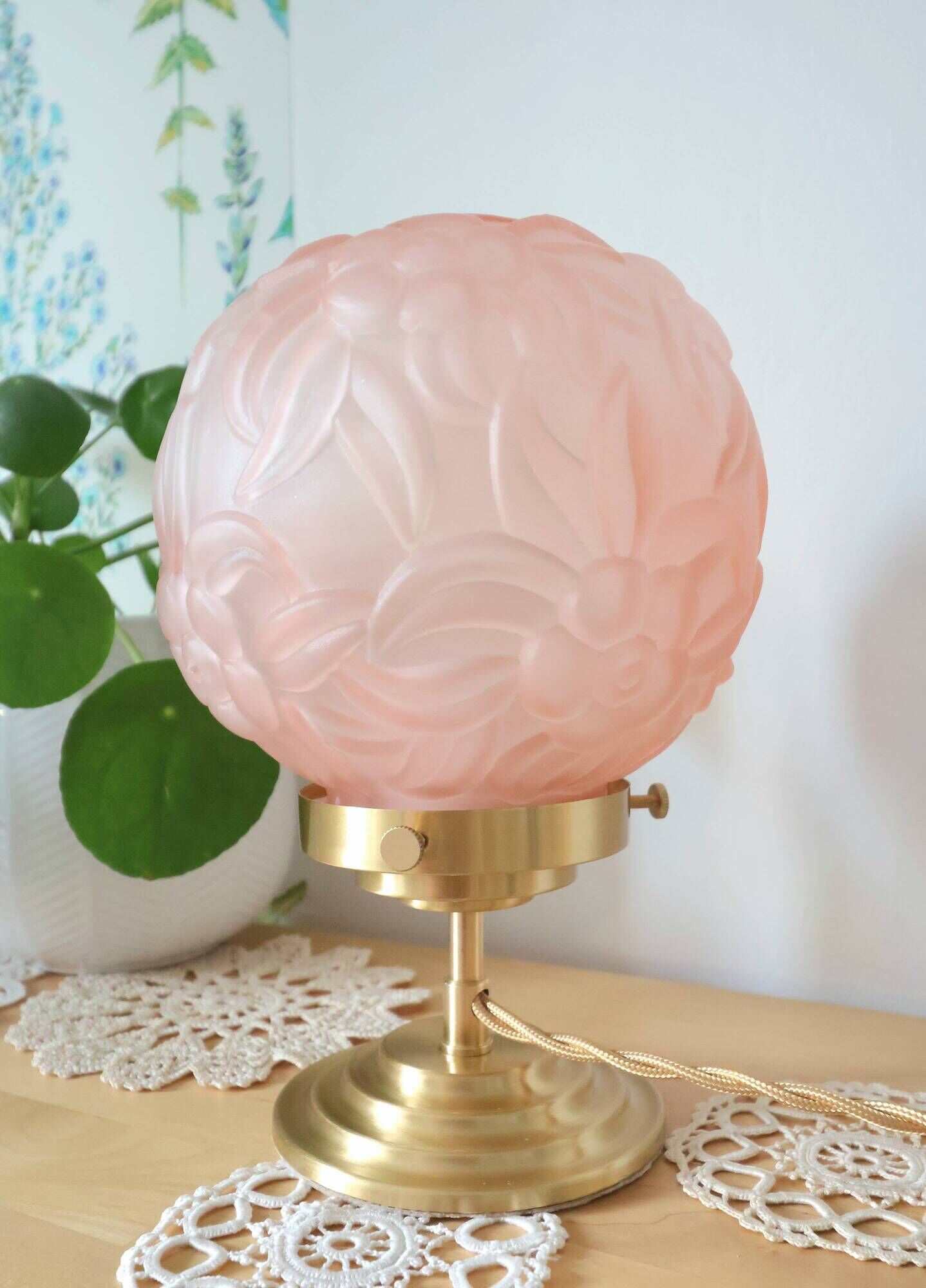 Art Deco floral table lamp, vintage pink opaline glass