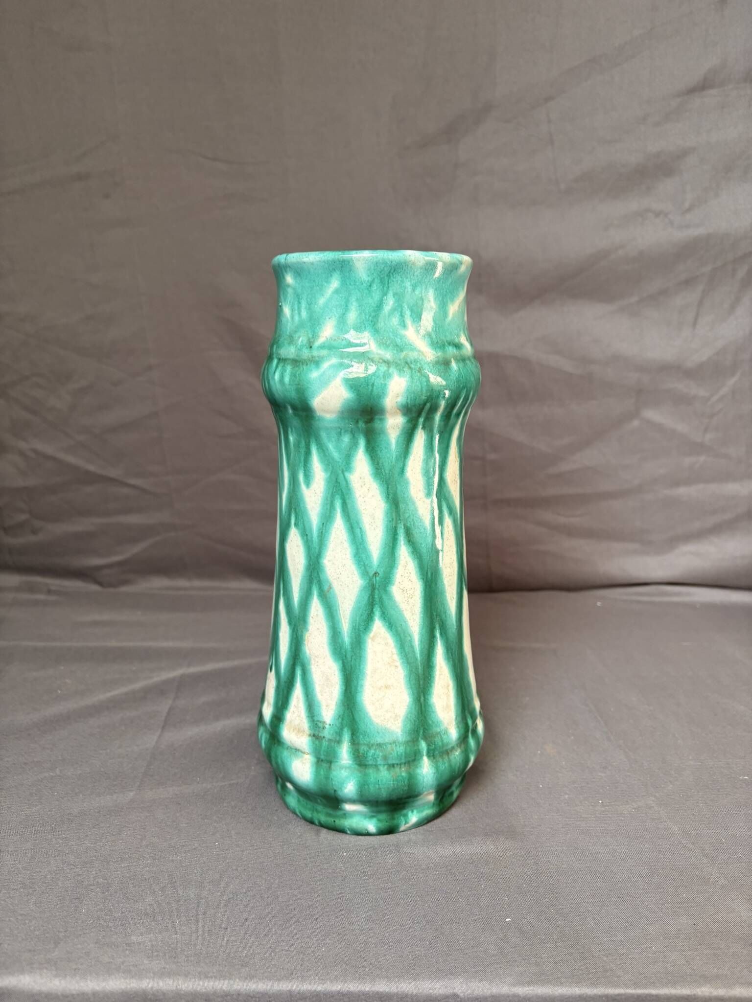 Vintage Glazed Geometric Ceramic Vase Green Blue West Germany 1960 Bay