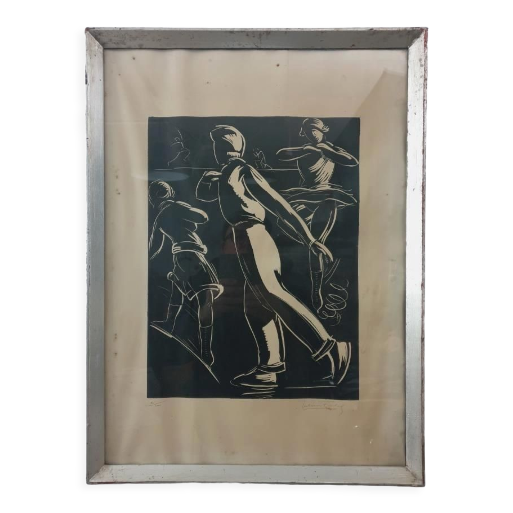 Linocut skating art deco painting - vintage sport - ice skates