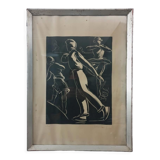 Linocut skating art deco painting - vintage sport - ice skates