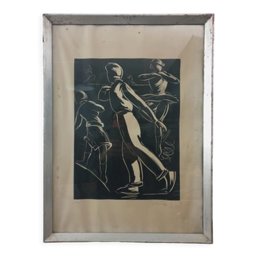 Linocut skating art deco painting - vintage sport - ice skates