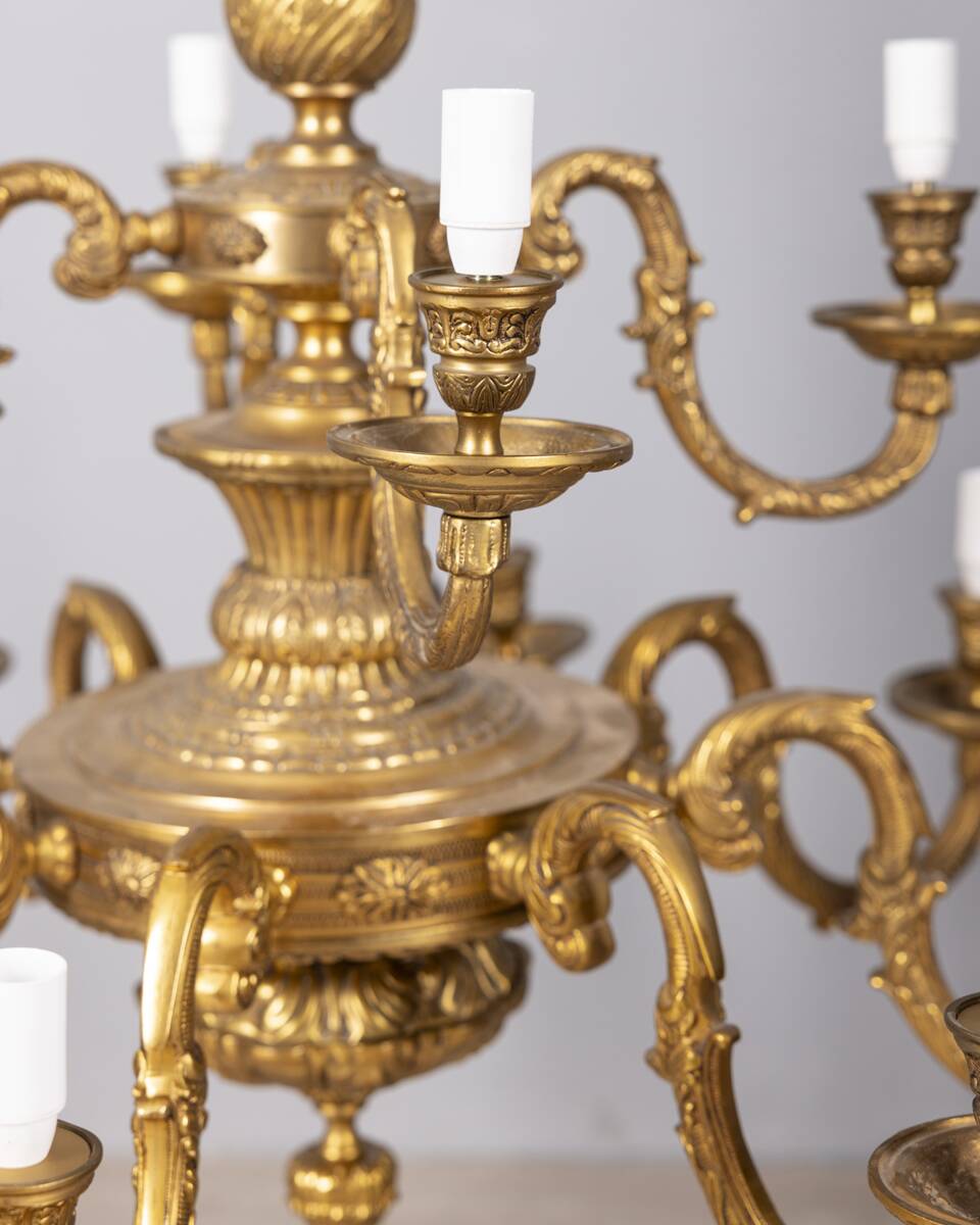 Classic 12 light golden bronze chandelier from the mid-20th century