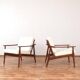Mid-Century Danish Wood & Linen Lounge Chairs, Set of 2, 1960s.
