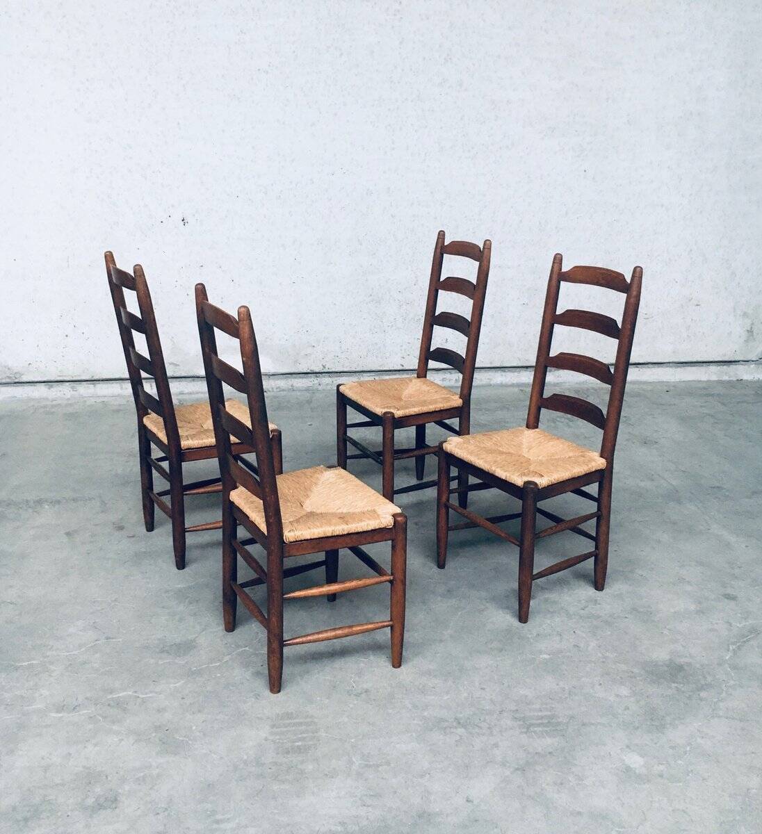 Rustic Ladder Back Oak and Rush Dining Chairs, 1960s, Set of 4