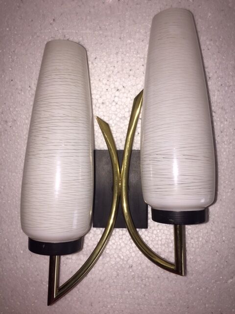 Torch wall sconce in brass and opalin glass, 1950s