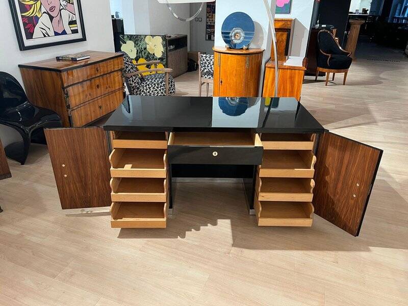 Art Deco Desk in Black Lacquer, Walnut & Metal, France, 1930s-1940s