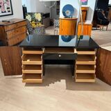 Art Deco Desk in Black Lacquer, Walnut & Metal, France, 1930s-1940s